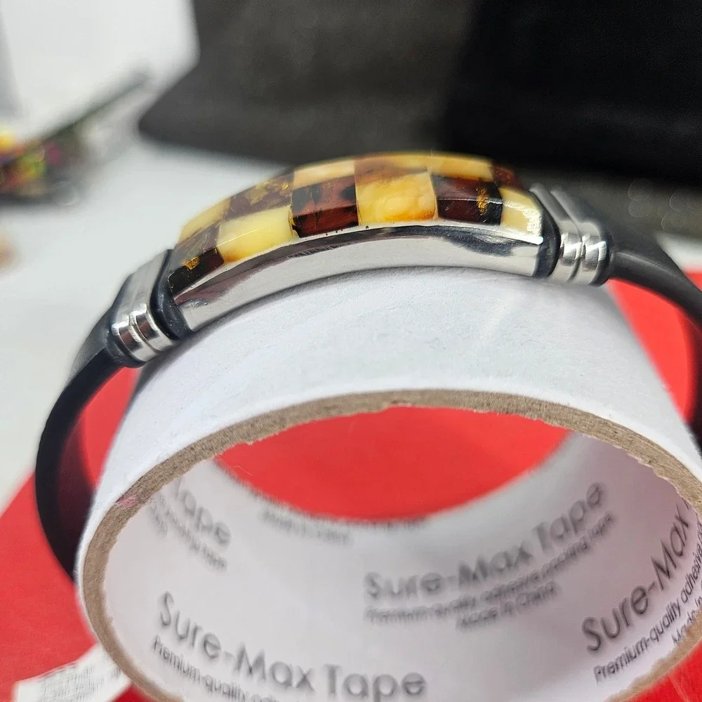 Ewa Plachta Baltic Amber Stainless Steel Leather Checkerboard Bracelet Unisex‎